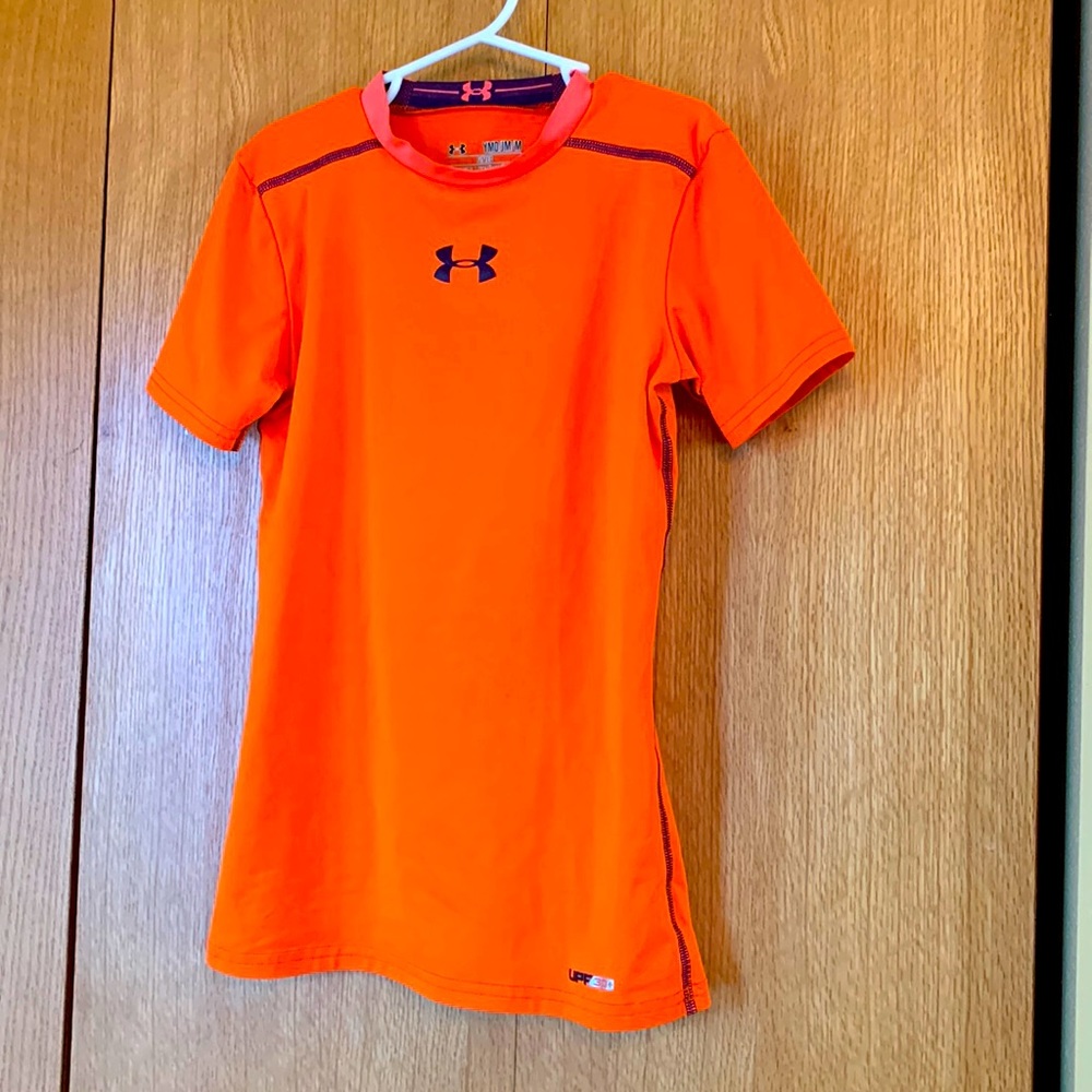 Under Armour fitted youth heat gear SS Tee UPF shirt top MED orange navy blue